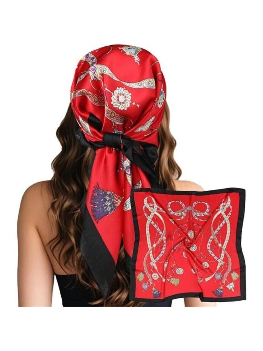 Head Hair Scarf Red Gemstone Print Like Satin Silk Scarf Bandana Hair Wrapping
